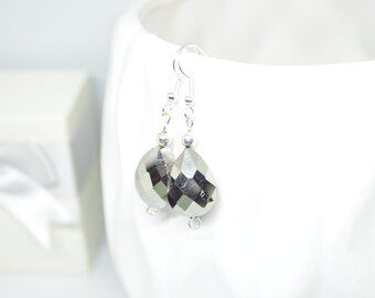 Gray Earrings, Silver Earrings, Teardrop Earrings, Dangle Earrings, Glass Earrings