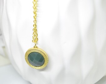 Green Necklace, Gold Necklace, Charm Necklace