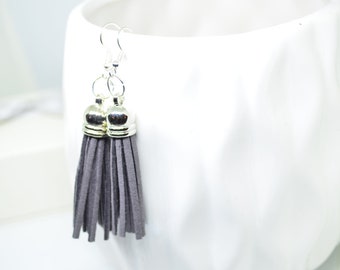 Tassel Earrings, Gray Earrings,Dangle Earrings, Faux Leather Earrings