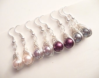 Grey Earrings, Rose Earrings, Burgundy Earrings, Lavender Earrings, Wire Wrapped Earrings, 8mm Glass Pearl Earrings