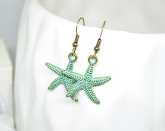 Starfish Earrings, Green Earrings, Dangle Earrings