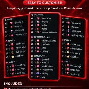 Puede incluir: Una plantilla de servidor de Discord con temática roja que presenta tres paneles verticales que muestran categorías de canales como Welcome, Information y Community con varios emojis. El texto incluye RED THEMED DISCORD TEMPLATE e INCLUDED.