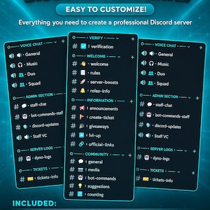 May include: A digital graphic displaying a streaming server Discord template with three dark panels showing channel categories like Voice Chat, Admin Section, and Community. The text reads Streaming Server Discord Template, Easy to Customize, and Included.