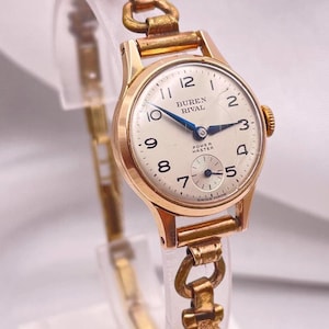 Classy 1940s Vintage BUREN RIVAL 15 Jewel Manual Wind Watch Rose Gold Filled Case Subdial Lovely Art Deco Rose Gold Plated Bracelet Strap