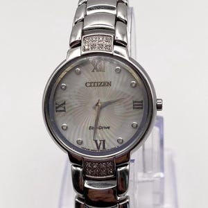 Vintage Citizen Eco-Drive Ladies Watch: Mother of Pearl World Map Dial, Lab Diamond Accents