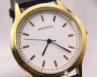 Reloj de cuarzo SEKONDA vintage, caja chapada en oro, correa de piel negra