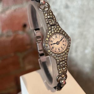 Elegant Vintage Ladies 1930s Art Deco Silver Rhinestone Diamond Encrusted Case Ladies Cocktail Wristwatch With Black Cord Strap