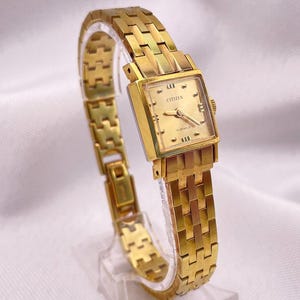 Stunning 1970s Vintage Ladies CITIZEN (by Seiko) Gold Plated Square Dial 19 Jewel Manual Wind Wristwatch With Gold Patterned Bracelet