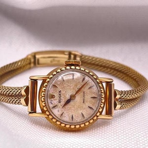 Very Rare 1930s Rolex Precision Ladies 18 Kt Gold Cocktail Wristwatch Manual Wind  Beaded Round Case 9Kt Gold Double Cable Bracelet Strap