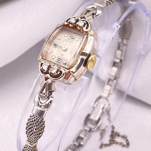 Very Rare Vintage Dainty 1950s ELGIN 14 Kt White Gold Diamond Studded Case Cocktail Wristwatch 19 Jewel Wind Up Fancy Mesh Bracelet Strap
