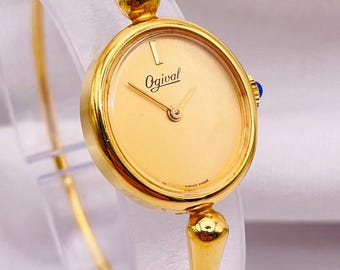 Vintage jaren 1970 Ogival Bangle damespolshorloge: handmatig opwindbaar, geelgouden vergulde kast en armbandband,