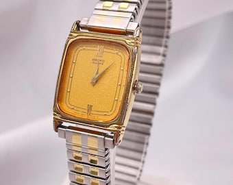 Vintage 1990's Ladies Seiko Quartz Watch: Tank Shape Gold Plated Case l Stainless Steel  Expandable Strap