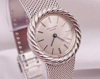 Jaren 70 Vintage Fevre-Leuba Geneve dameshandopwindbaar dameshorloge: ronde kast met touwring, Milanese mesh-band
