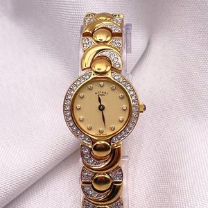 Vintage ROTARY Round Crystal Encrusted Gold Plated Case Gold Dial Crystal Hour Markers Gold  Crystal Bracelet Strap Ladies Quartz Wristwatch