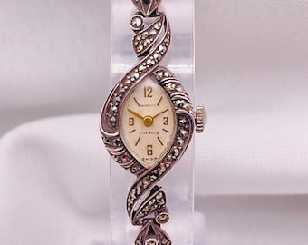 Jaren 40 sterlingzilver Swiss Made Marcasiet-dameshorloge: 17 juwelen, handmatig opwindbaar