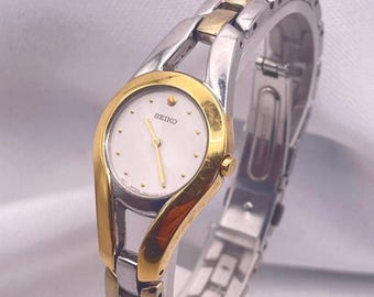 Reloj de cuarzo SEIKO para mujer, estilo vintage de los años 90, chapado en oro y oro blanco.
