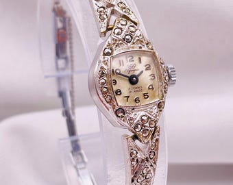 1950s Marcasite Cocktail Watch – Rhodium Plated l  Swiss 17 Jewel Manual Wind