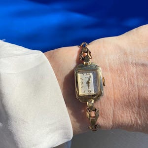 Vintage 1950s RALCO (By Movado) Ladies 15 Jewel Manual Wind Wristwatch Dainty Rectangle Rolled Gold Case Cream Dial Elegant Bracelet Strap