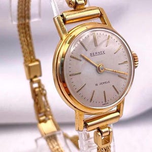 Vintage 1950&#39;s Swiss Classic Ladies BERNEX Wristwatch Rolled Gold 15 Jewels Manual Wind Double Cable Gold Plated Bracelet Strap