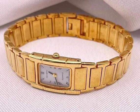 Vintage 1990s White Dial Gold Plated Rectangular Case… - Gem