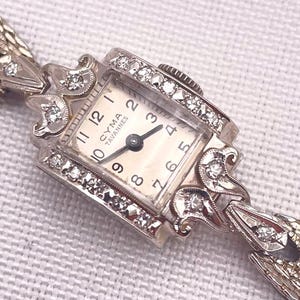 Elegant Solid 14 Kt 1950s Vintage CYMA Tavannes  Cocktail Wristwatch 16 Real Diamonds Wind Up With 10Kt White Gold Filled Bracelet