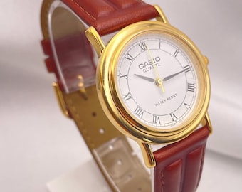 1990s Vintage Casio Quartz Watch, Gold Plated Round Case, Brown Leather Strap, New Battery
