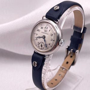 Vintage 1920s Ladies IWC Schaffhausen Wristwatch – Silver Case, Sub-seconds Dial & Custom Blue Leather Strap