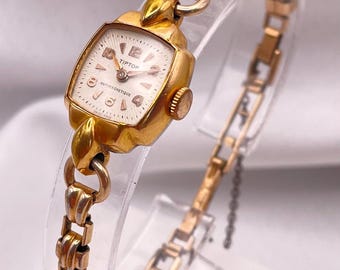 Vintage jaren 1950 damescocktailhorloge: handmatig opwindbaar, 10 kt gold filled gesp, mooie armband van TipTop