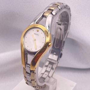 1990's Vintage Ladies SEIKO Quartz Wristwatch Yellow and White Gold Plated Round Case with Gold and Yellow Plated Link Bracelet -New Battery