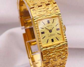 Vintage Romex Tank-polshorloge voor dames uit de jaren 70 | Swiss Made | 10 kt gerold goud | Handmatig opwinden | Originele presentatiedoos van aquamarijnfluweel