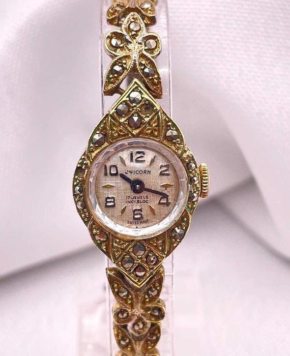 Vintage 1950s Swiss ROLEX UNICORN Gold Plated Marcasite 17 Jewel
