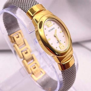 Vintage 1990s Swiss OLYMPIC New Old Stock Chic Gold Plate Oval Case White Dial  Silver Mesh Bracelet Strap Quartz Watch New Battery Like New