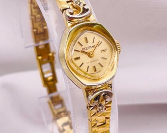 Vintage damescocktailpolshorloge uit de jaren 60: Swiss Made 17 juwelen opwindbaar, 10k vergulde diamantvormige kast met diamanten