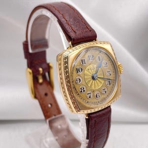 Stunning Vintage Rolex 1920s Ladies 9 Kt Gold Square Cushion Case with a Gold Gilt Telephone Dial and New Vintage Style Leather Strap