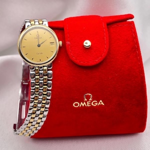 Elegant Vintage 1990s Ladies Quartz OMEGA DeVille Prestige 18 Kt Gold Stainless Steel Case Beads of Rice Bracelet With Authentic Omega Box