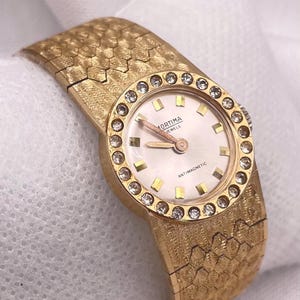 1970s Vintage Classy Ladies MORTIMA 17 Jewel Manual Wind Wristwatch Round Gold Plated Crystal Encrusted Case Fancy Integrated Bracelet