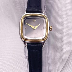 1990's Vintage Raymond Weil Geneve Wristwatch Ladies Swiss Made Two Tone Square Case Grey Dial with Day Date Quartz