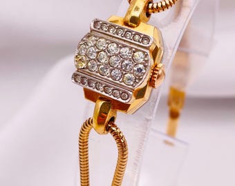 Vintage jaren 60 dames ROTARY Peak-A Boo-horloge: zilver-vergulde diamanté kast, handmatig opwindbaar, vergulde kabelband, originele doos
