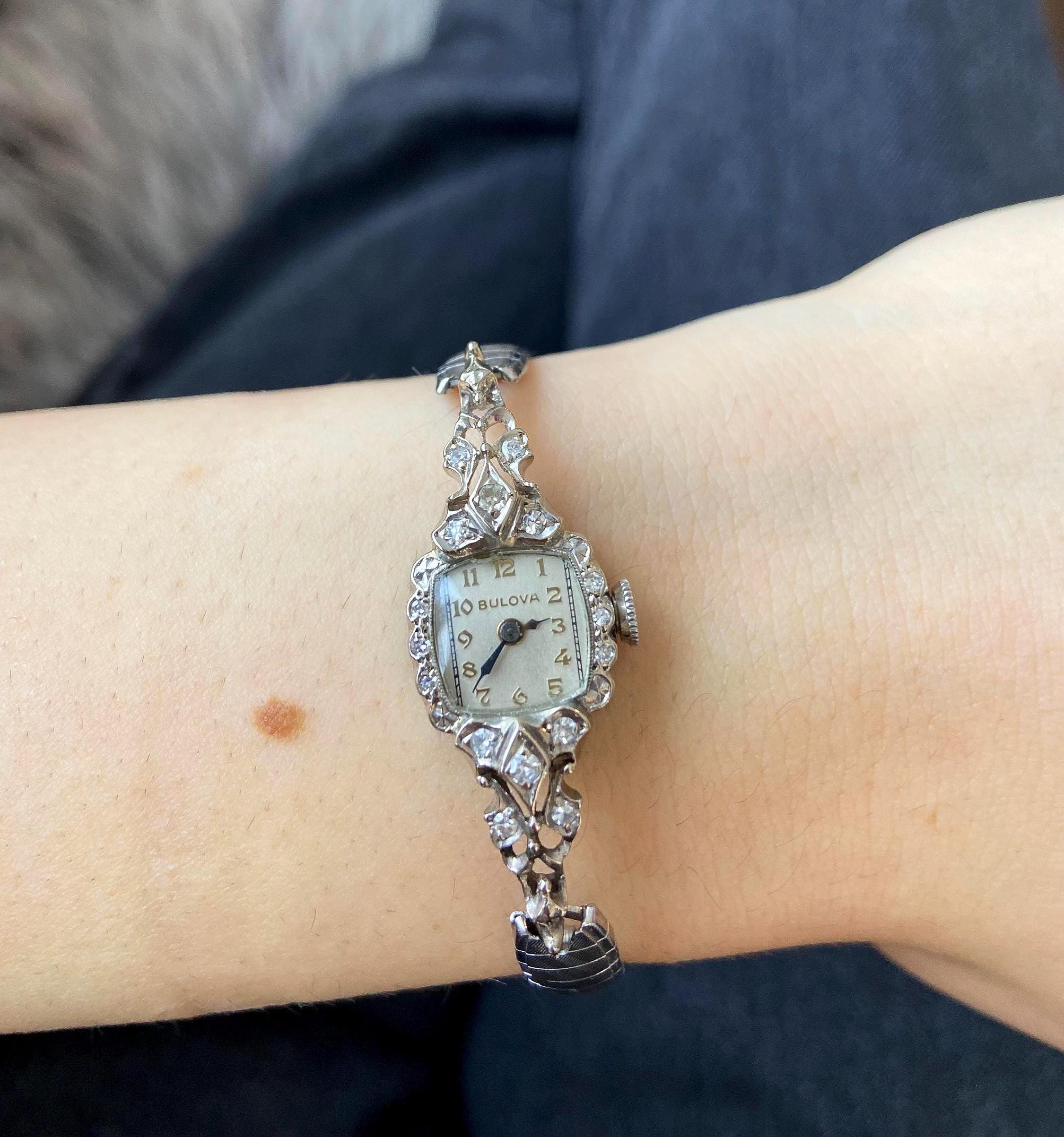 Rare Dainty 1950s 14 Kt Gold Vintage BULOVA Cocktail Wristwatch Wind Up With 20 Real Diamonds and a 10 Kt White Gold Filled Bracelet Strap