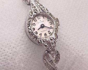 Rare 1950s Edox Marcasite Cocktail Watch – Rhodium Plated Case and Strap, Swiss 17 Jewel Manual Wind
