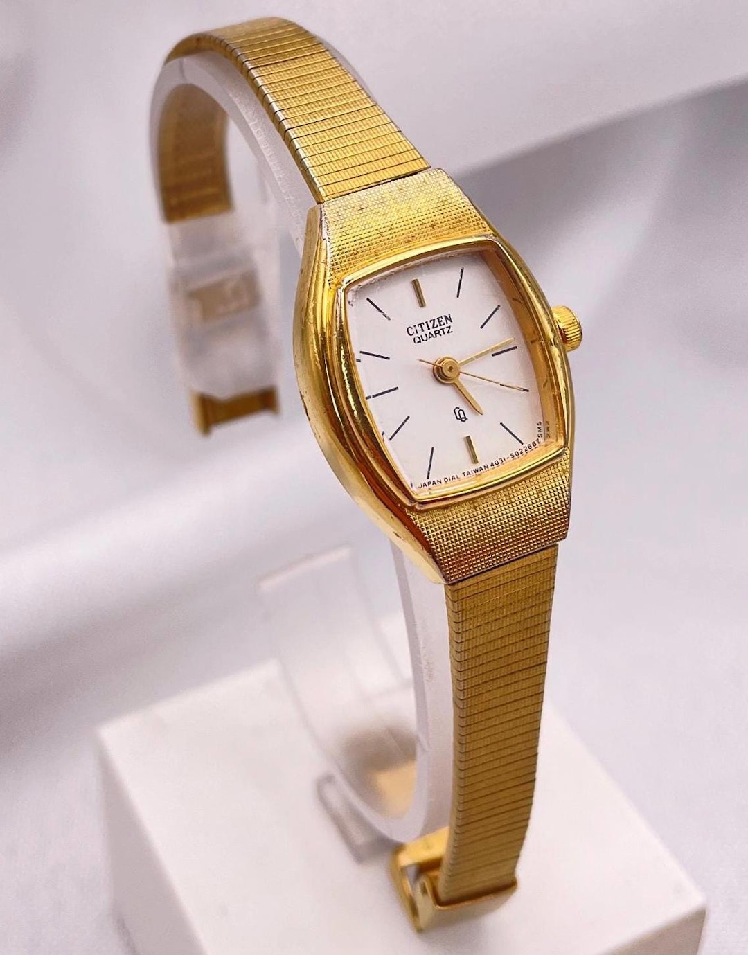 1980s Vintage Citizen Gold Plated Rectangle Watch, Cream Dial