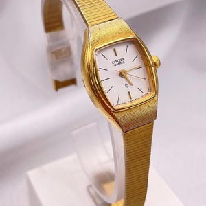 1980s Vintage Ladies CITIZEN Wristwatch (by Seiko) Gold Plated  Oval Rectangle Case with Classic Dial and New Battery