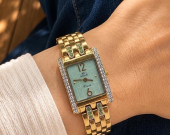 Vintage 1990s ADINA Watch: Crystal Bezel, Pearl Dial, Gold Beads of Rice Bracelet