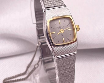 1980s Vintage Citizen Quartz Watch, Gold Trim, Stainless Steel Strap
