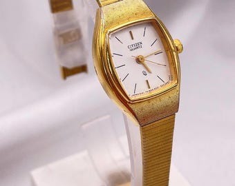1980s Vintage Citizen Gold Plated Rectangle Watch, Cream Dial Integrated Bracelet