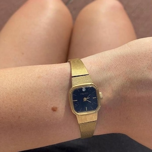1970s Vintage Ladies CITIZEN Wristwatch (by Seiko) Gold Plated Manual Wind Square Black Dial with Diamonds