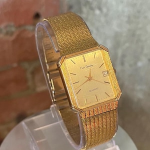1980s Vintage Chic PIERRE CARDIN Gold Plated Tank  Case with Integrated Ribbon Style Watch Strap Unisex Quartz Wristwatch