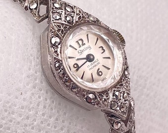 1950s Rhodium Plated Marcasite Cocktail Watch –  Swiss Manual Wind Bracelet