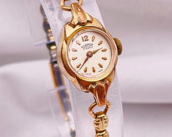 Vintage jaren 1950 damescocktailhorloge geelgoud gevulde ronde kast, mooie schakelarmband, 17 juwelen handmatig opwindbaar, van Roamer-horlogemerk