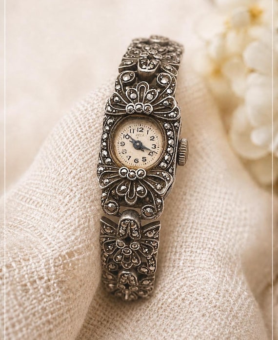 Vintage art deco inspired Sterling silver marcasite cocktail watch NEW BATTERY Vintage art deco inspired Sterling silver marcasite cocktail  main image 4